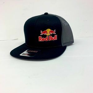 OTTO NEW Red Bull Embroidered Cap Flat Bill Snapback Mesh Back Black/Black